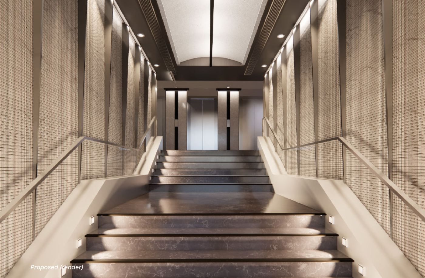 Visualisation of the lobby stair rising to the lifts, under a white arched ceiling with backlit side panels