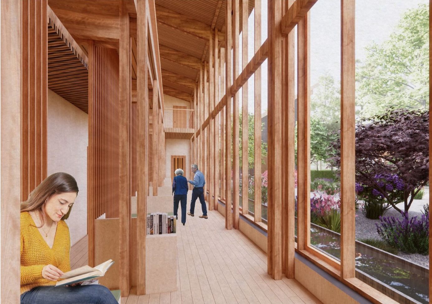 Visualisation of a glazed timber corridor beside the courtyard garden, with a woman reading on a built-in bench
