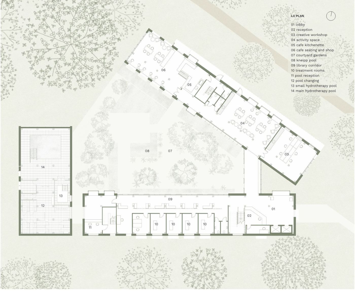 Ground floor plan of the centre around a courtyard garden, set among trees, with a numbered room key