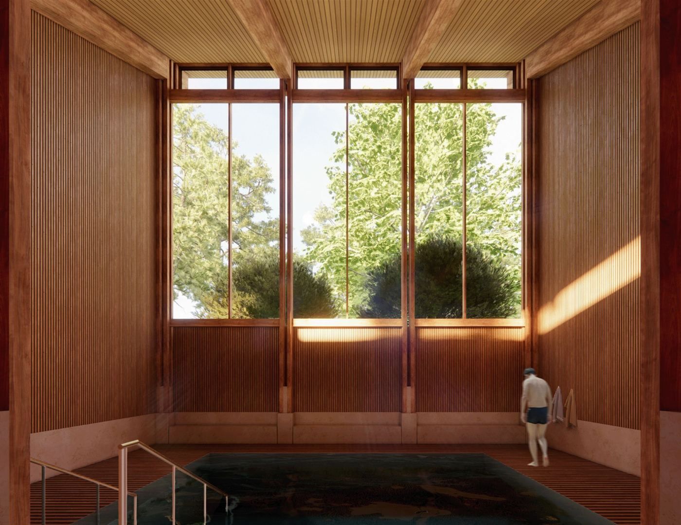 Visualisation of the hydrotherapy pool in a timber-lined room with tall windows to the trees