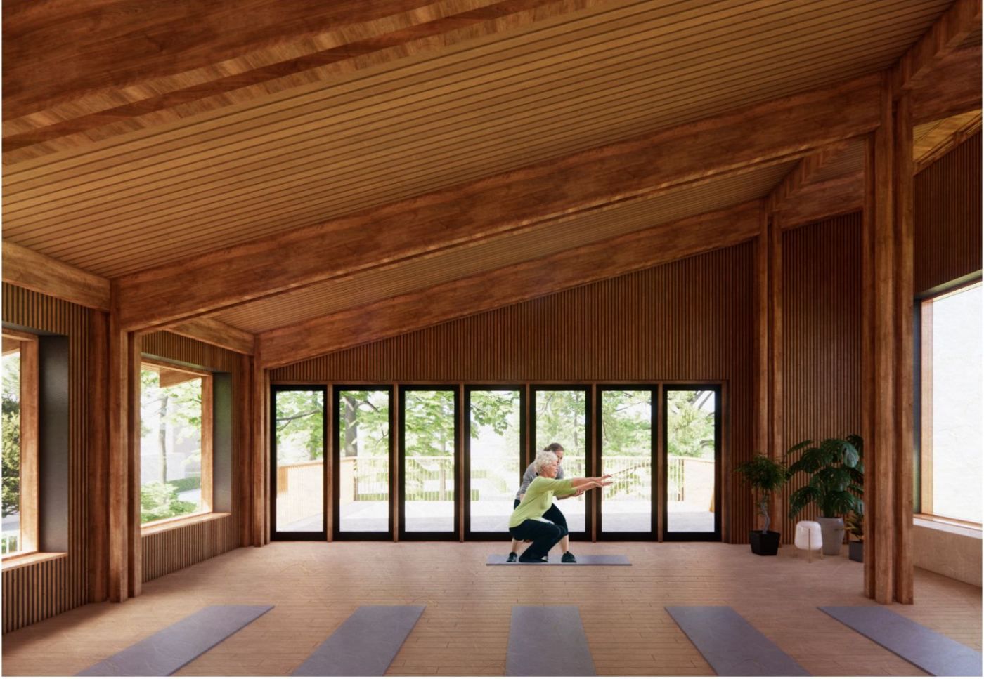 Visualisation of the timber exercise studio with tall windows, a person exercising on a mat and a bench beyond the columns