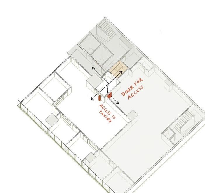 Axonometric of the unit with arrows marking a door for access and the route to the pantry through the new wall