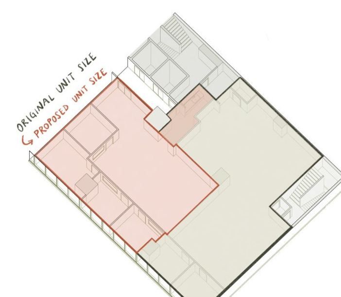 Axonometric comparing the original unit with the smaller area the centre now uses, outlined in red