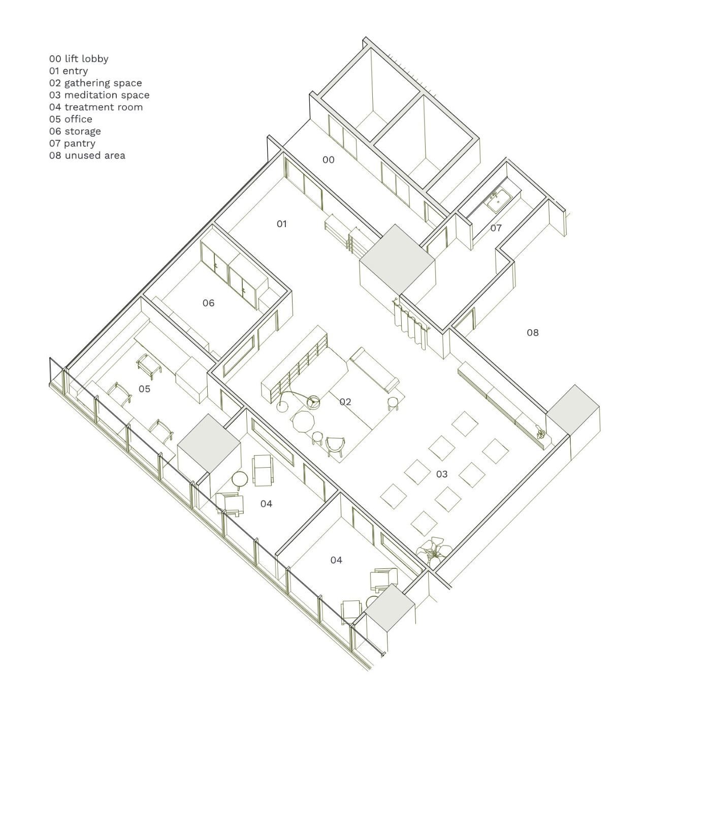 Axonometric of the layout with a numbered key: lift lobby, entry, gathering space, meditation space, treatment rooms, office, storage, pantry and unused area